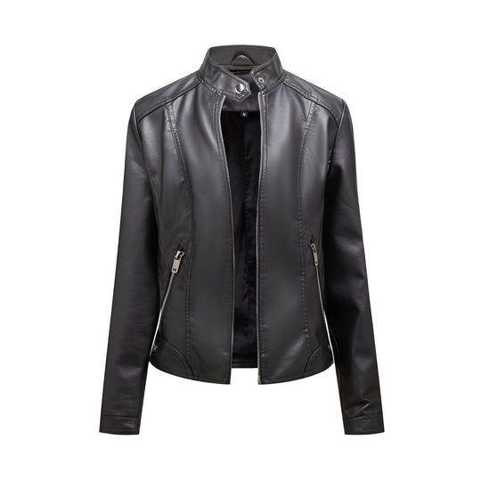 Damen modische Kunstlederjacke mit elegantem Stehkragen und praktischen Reißverschlusstaschen R&B