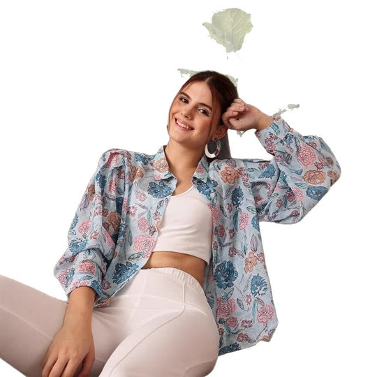 Damen leicht transparente Chiffonjacke mit floralen Motiven und ballonartigen Ärmeln R&B