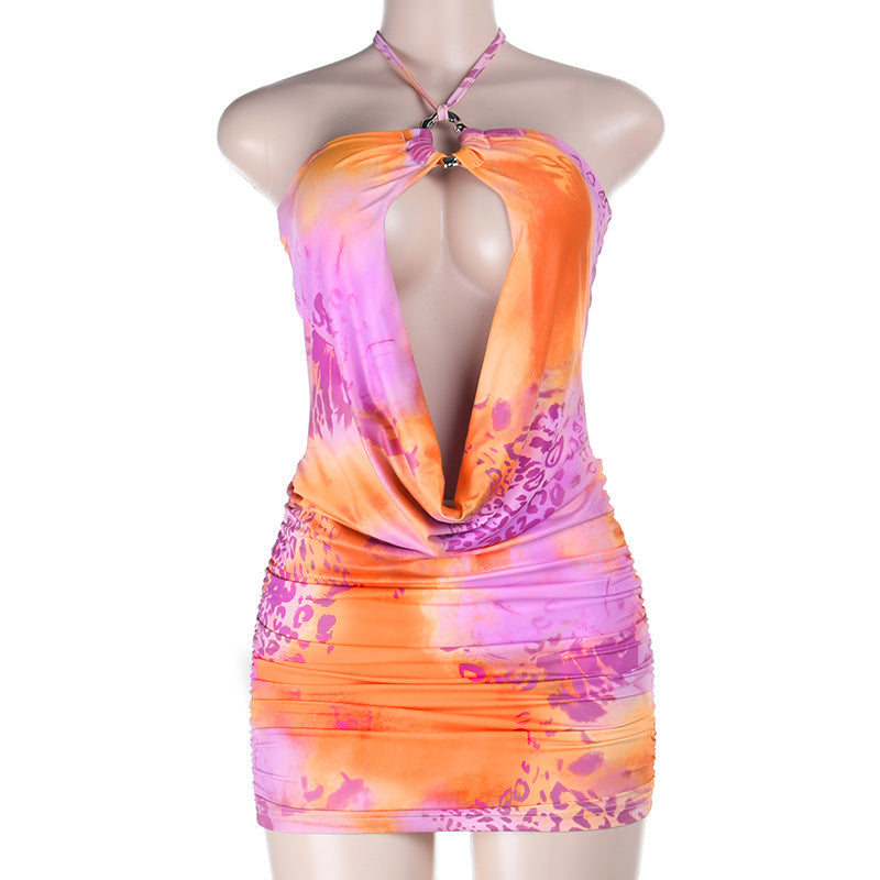 Damen sexy Minikleid mit tiefem V-Ausschnitt und asymmetrischem Saum R&B
