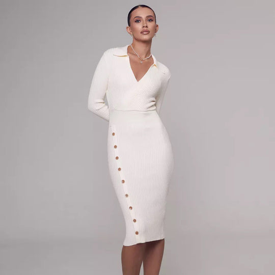 Damen Strickkleid mit elegantem Kragen und Knopfdetail R&B