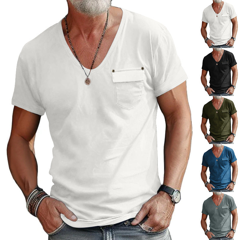 Herren V-Ausschnitt T-Shirt mit dekorativer Brusttasche und attraktiver Struktur