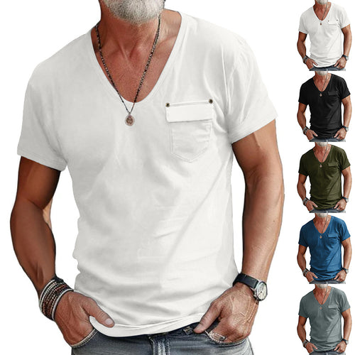 Herren V-Ausschnitt T-Shirt mit dekorativer Brusttasche und attraktiver Struktur R&B