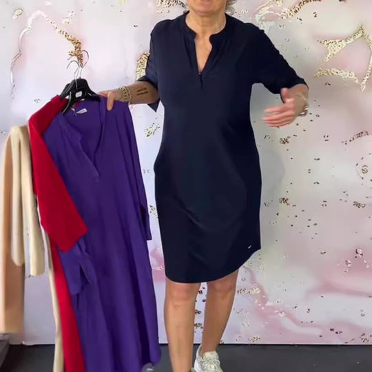 Damen nan knielanges legeres Jerseykleid mit Stehkragen und V-Ausschnitt R&B