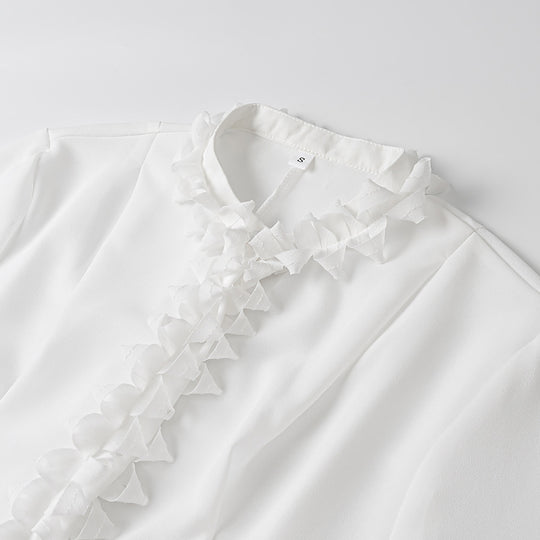 Damen elegante Bluse mit Rüschenkragen und weiten Ärmeln R&B