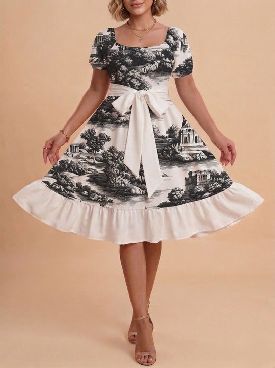 Damen Retro Maxikleid mit Puffärmeln und Taillengürtel R&B