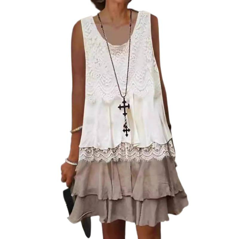 Damen lässiges Strandkleid mit Spitzenverzierung und voluminösem Rüschensaum R&B