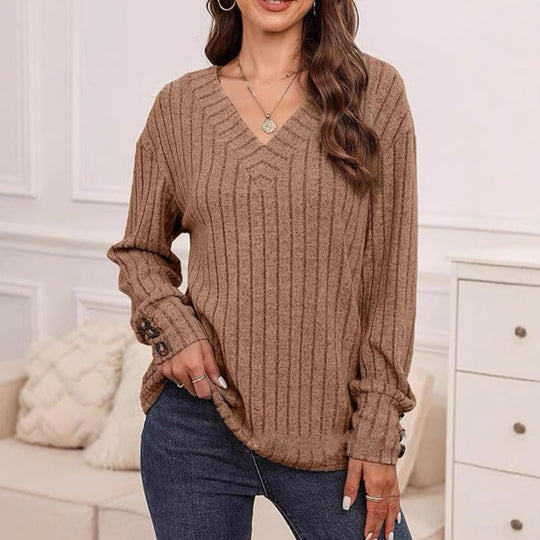 Damen Strickpullover mit V-Ausschnitt und dekorativen Knopfdetails R&B