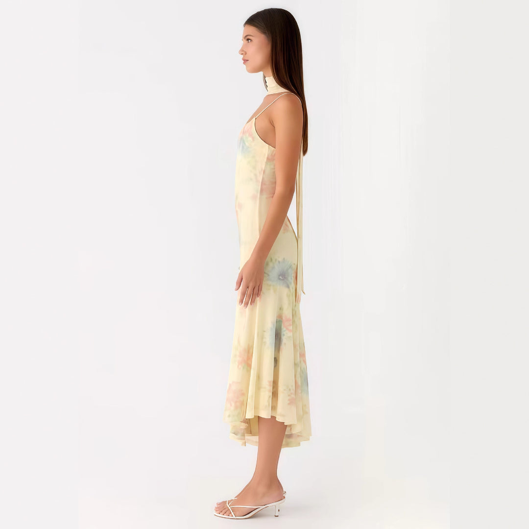 Damen Elegantes Maxikleid mit blumigem Chiffon-Design und Neckholder-Ausschnitt R&B
