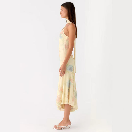 Damen Elegantes Maxikleid mit blumigem Chiffon-Design und Neckholder-Ausschnitt R&B