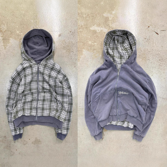 Unisex nan wendbare Kapuzenjacke mit kariertem Innenfutter, durchgehendem Reißverschluss und Kängurutasche R&B