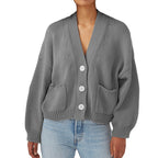 Damen lässiger Strickcardigan mit großen Taschen und Knopfverschluss R&B