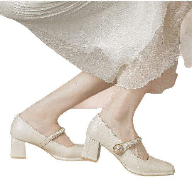 Damen Mary Jane Pumps mit elegantem Perlenschmuck und Blockabsatz R&B