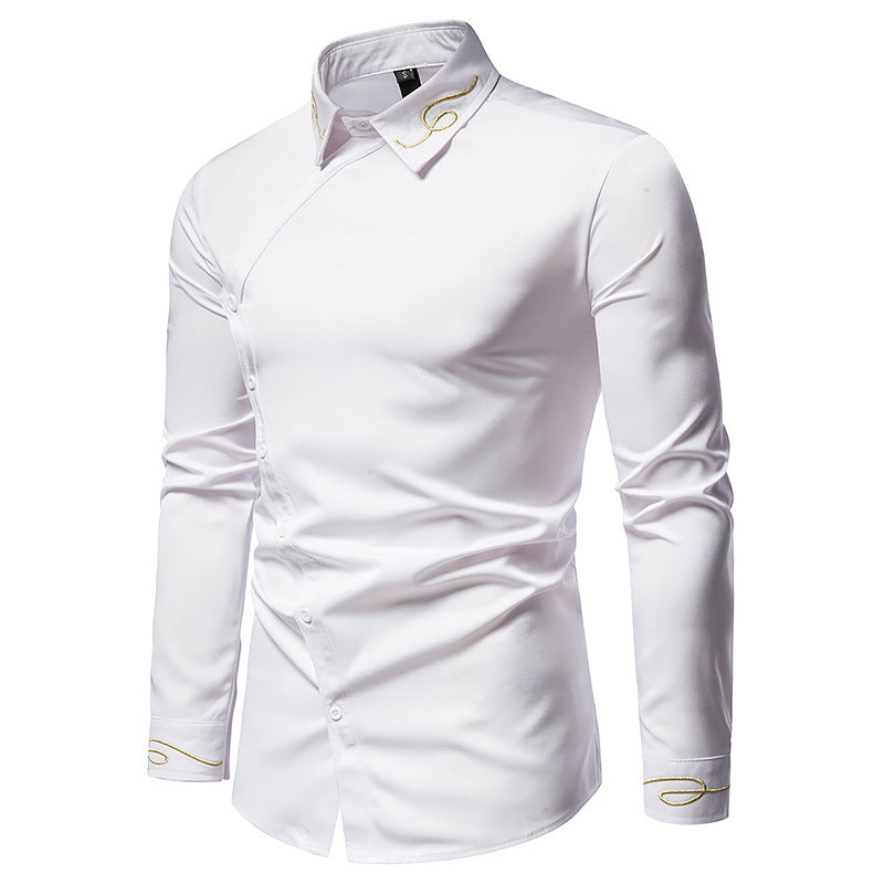 Herren Elegantes Langarmhemd mit asymmetrischem Knopfdesign und gesticktem Kragen R&B