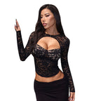 Damen Spitzenoberteil mit verführerischem Cut-Out und langen Ärmeln R&B