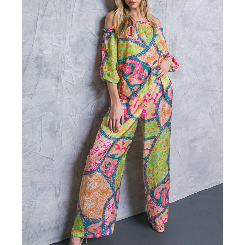 Damen Off-Shoulder Jumpsuit mit weitem Bein und buntem Muster R&B