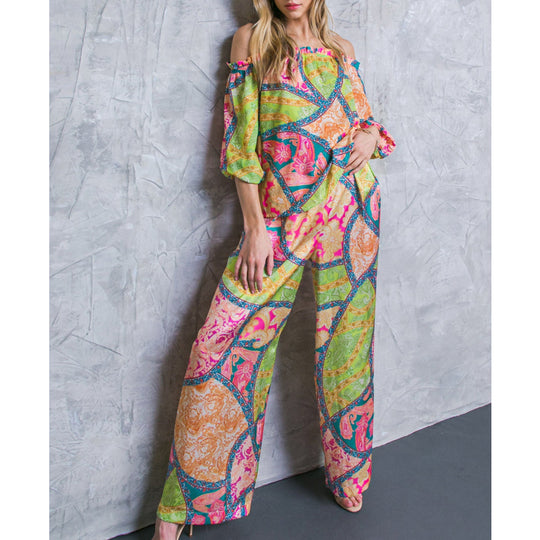 Damen Off-Shoulder Jumpsuit mit weitem Bein und buntem Muster R&B