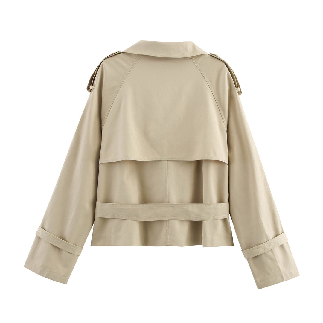 Damen modische Trenchjacke mit einzigartigen Knopfdetails und modernem Gürtel R&B