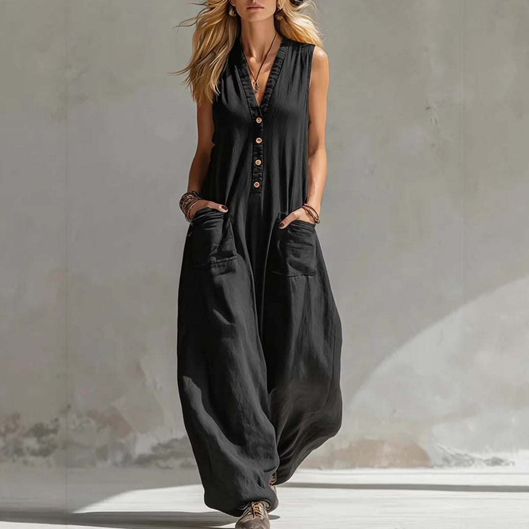 Damen Jumpsuit mit tiefem V-Ausschnitt und praktischen Taschen R&B