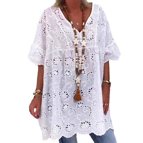 Damen Bluse mit floralen Stickereien und weiten Ärmeln R&B