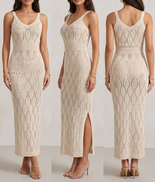 Damen elegantes Strick-Maxikleid mit seitlichen Schlitzen R&B