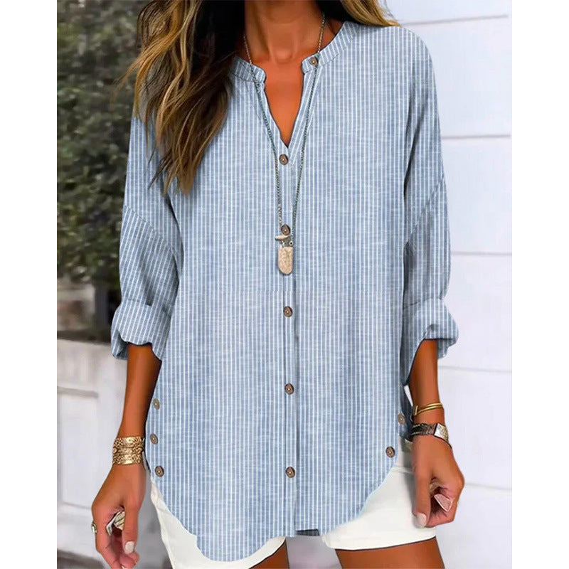 Damen Langarm Blusenshirt mit Knopfleiste und asymmetrischem Saum R&B
