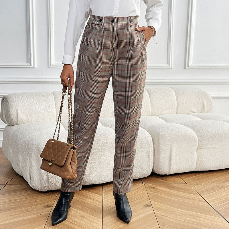 Damen Karottenhose mit hochgezogenem Bund und modischem Karo-Muster R&B