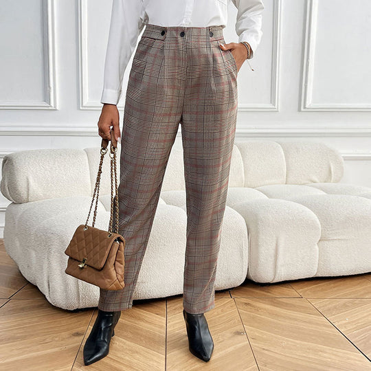 Damen Karottenhose mit hochgezogenem Bund und modischem Karo-Muster R&B