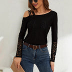 Damen Off-Shoulder Oberteil mit Spitzenbesatz und Trägerdesign R&B