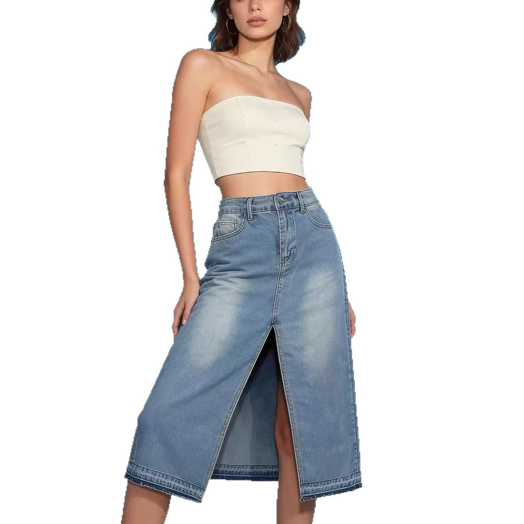 Damen Midi-Denim-Rock mit hohem Schlitz und fransigem Saum R&B