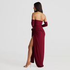 Damen Elegantes Schulterfreies Abendkleid mit Raffung und hohem Schlitz R&B
