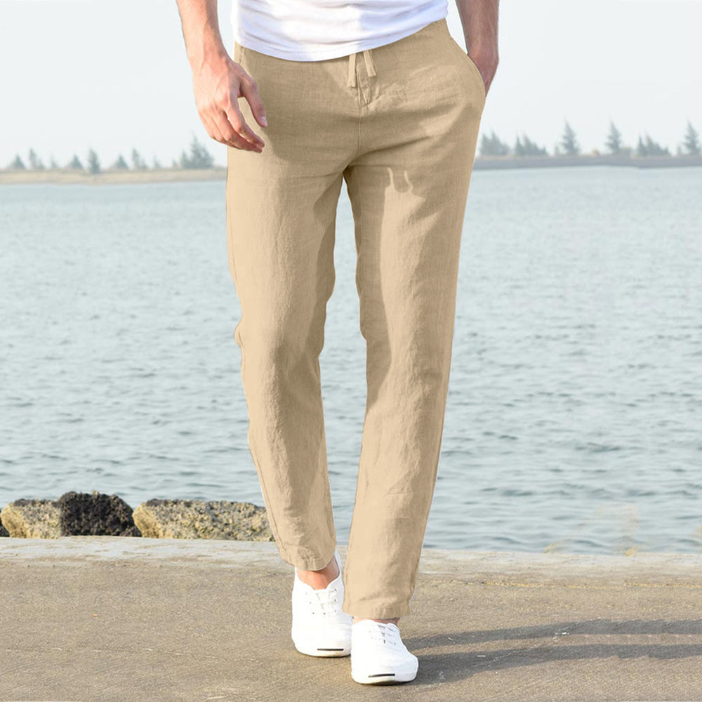 Herren lässige Leinenhose mit elastischem Bund und seitlichen Taschen R&B