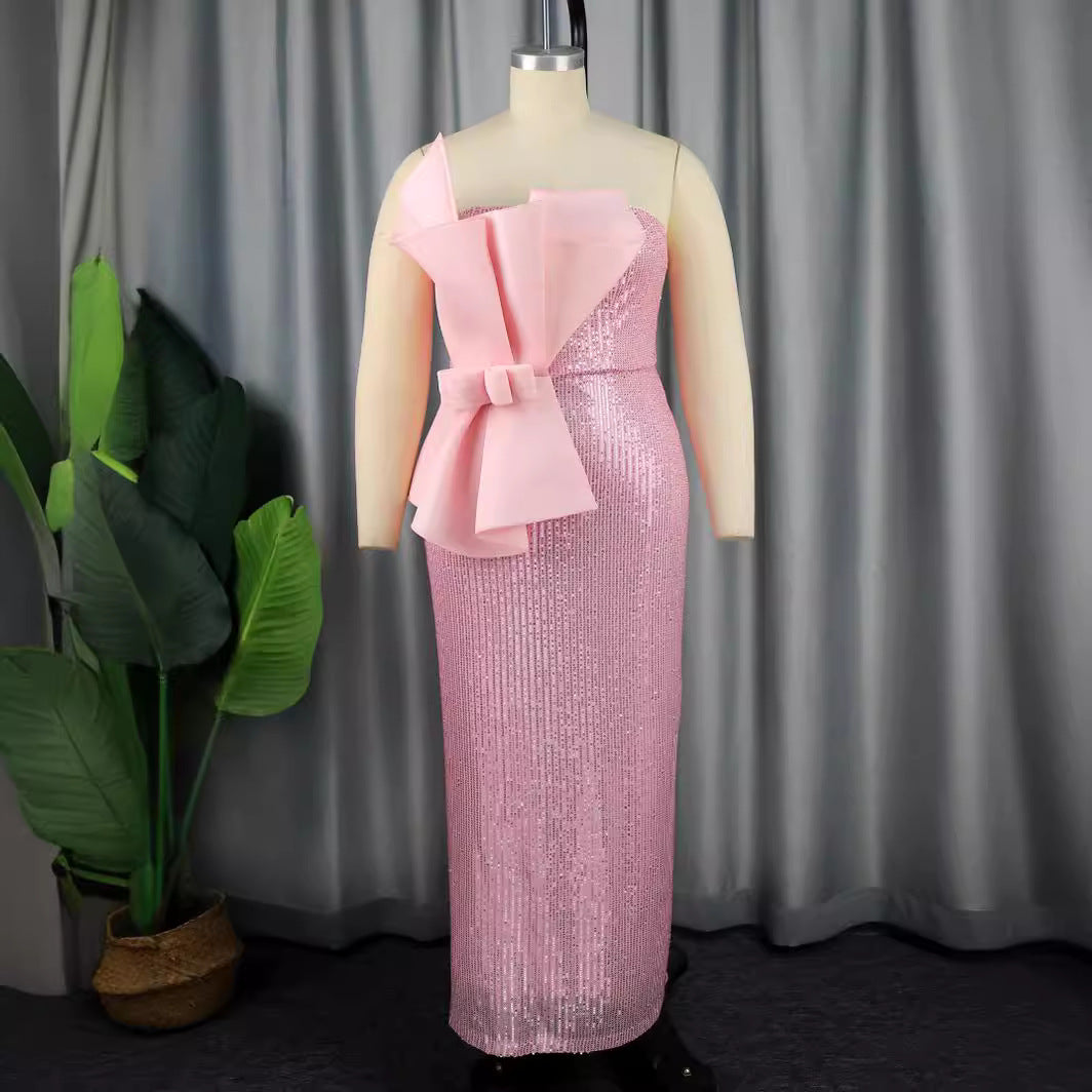 Damen Glitzerndes Abendkleid mit asymmetrischem Design und imposanter Schleifenapplikation R&B