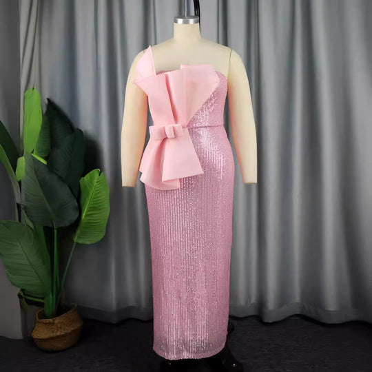 Damen glitzerndes Abendkleid mit asymmetrischem Design und extravaganten Rüschen R&B