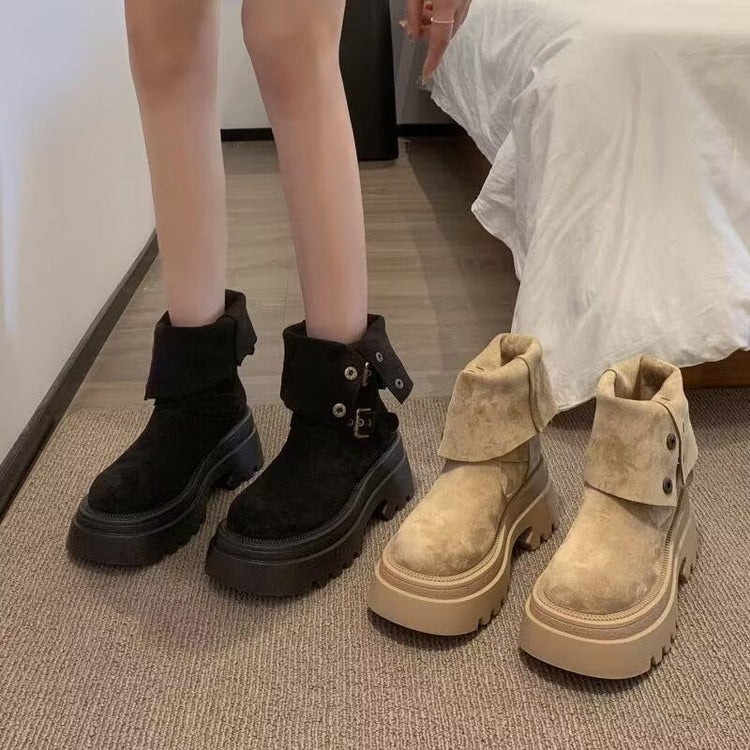 Damen Bequeme und modische Chunky Stiefeletten mit Schnalle und Profilsohle R&B