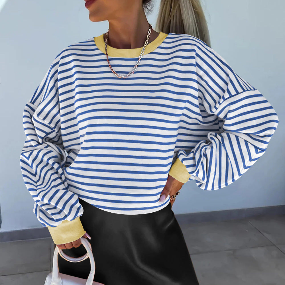 Damen lässiges gestreiftes Sweatshirt mit Boxy-Schnitt und kontrastierenden Abschlüssen R&B
