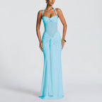 Damen elegantes Maxikleid mit schmeichelnder Raffung und Halterneck R&B