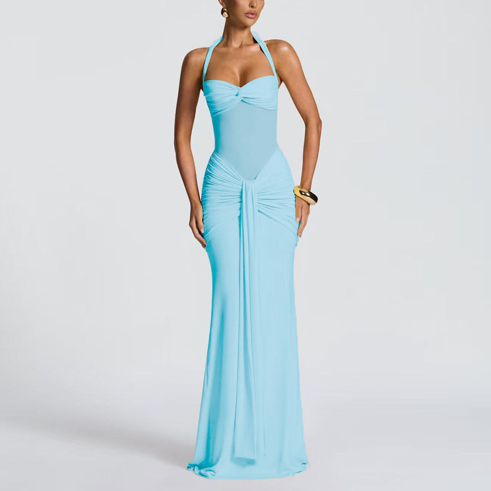 Damen elegantes Maxikleid mit schmeichelnder Raffung und Halterneck R&B