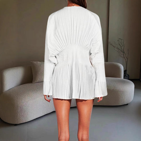Damen Plissiertes Kleid mit tiefem V-Ausschnitt und weitem Ärmel R&B