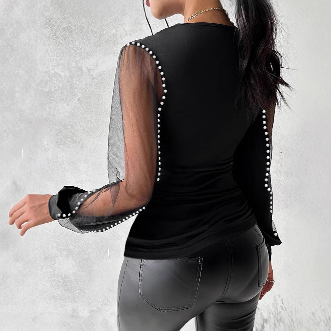 Damen Elegantes Oberteil mit transparenten Puffärmeln und Perlenverzierung R&B