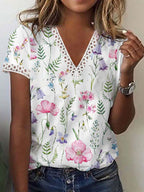 R&B | Elegantes T-Shirt mit Kurzen Ärmeln und V-Ausschnitt Print für Damen