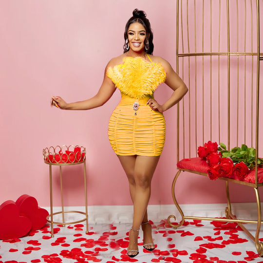 Damen Verführerisches Mini-Kleid mit Federn und Rüschendetails R&B