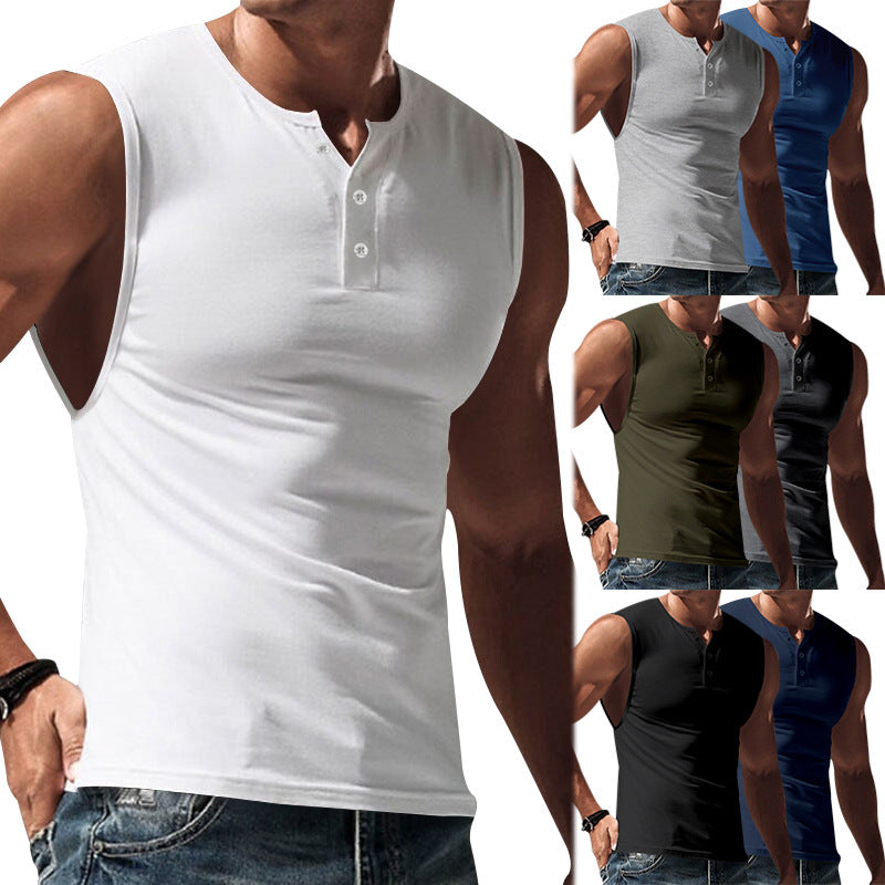 Herren nan ärmelloses Muskelshirt mit Henley-Knopfleiste, tiefem Armausschnitt und elastischem Baumwollmix R&B