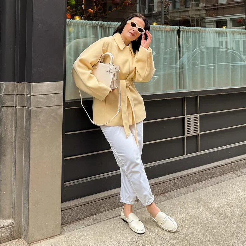 Damen modische Wickeljacke mit hochwertigem Material und Taillengürtel R&B