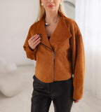 Damen Trendige Kurzjacke im lässigen Biker-Stil mit asymmetrischem Reißverschluss und tiefem Kragen R&B