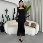Damen elegantes Spitzenkleid mit langem Arm und figurbetontem Schnitt R&B