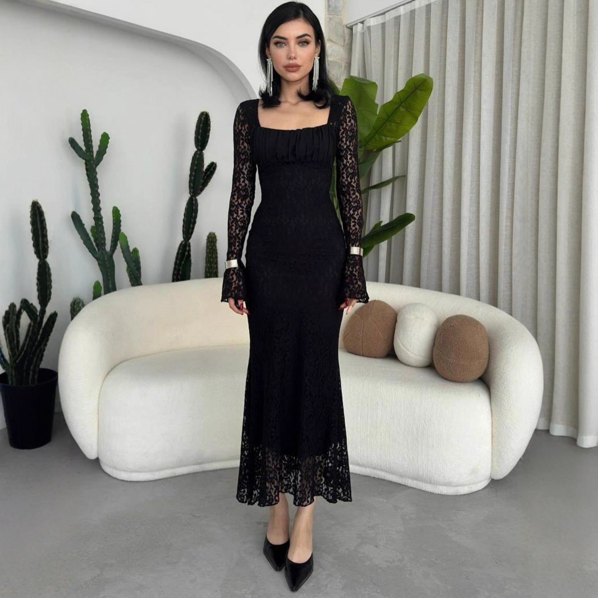 Damen elegantes Spitzenkleid mit langem Arm und figurbetontem Schnitt R&B