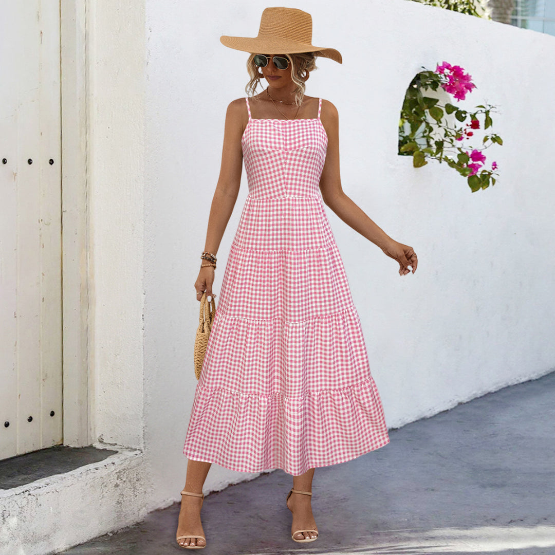 Damen Maxikleid im karierten Design mit Taillenakzent und Rüschensaum R&B