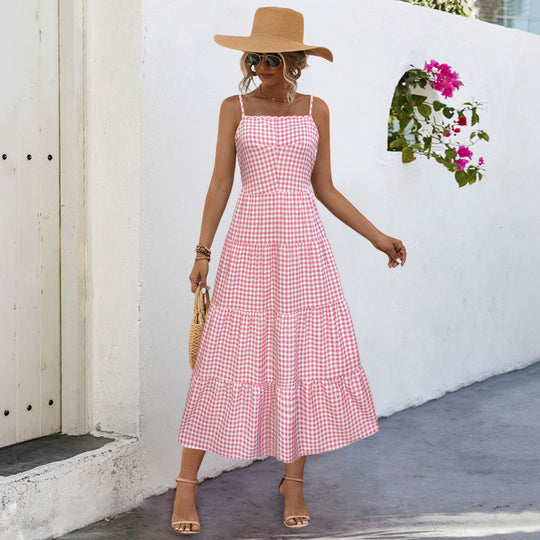 Damen Maxikleid im karierten Design mit Taillenakzent und Rüschensaum R&B