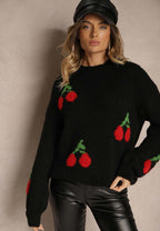 Damen Strickpullover mit fruchtigem Kirschmotiv und lässigem Schnitt R&B