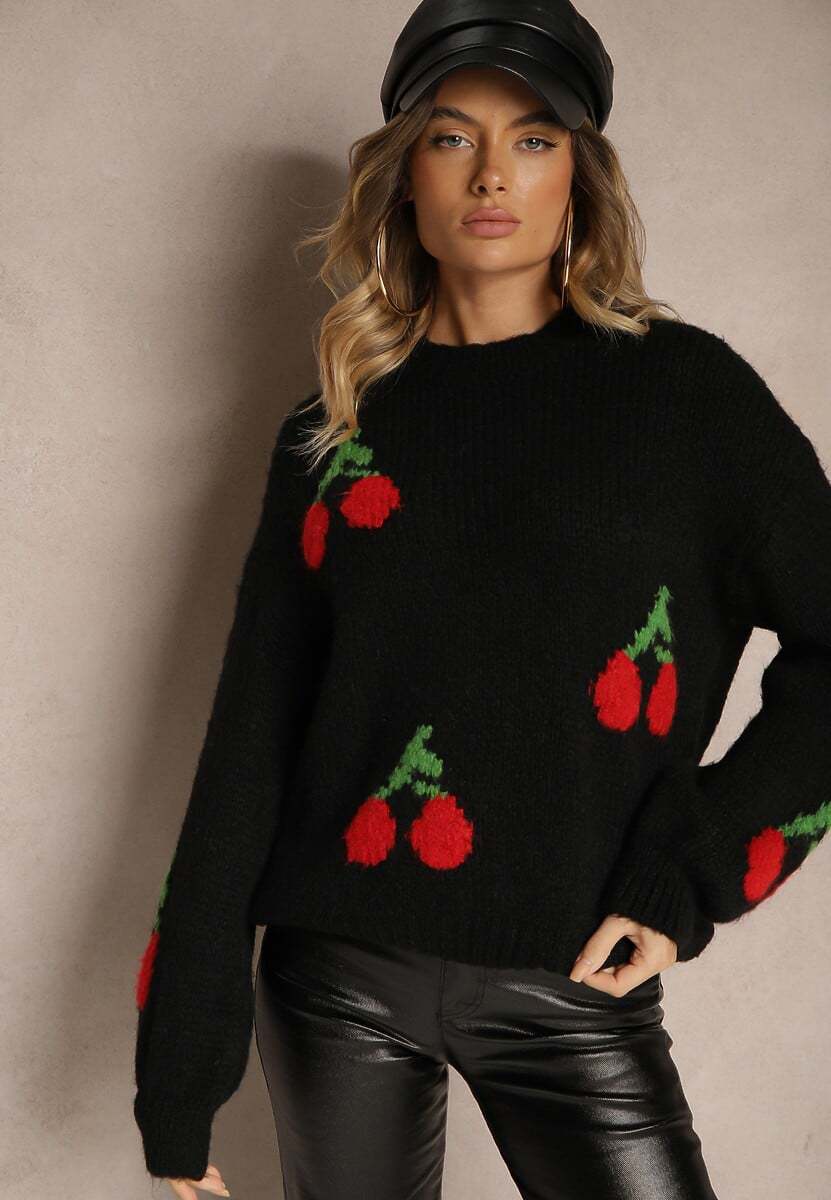 Damen Strickpullover mit fruchtigem Kirschmotiv und lässigem Schnitt R&B